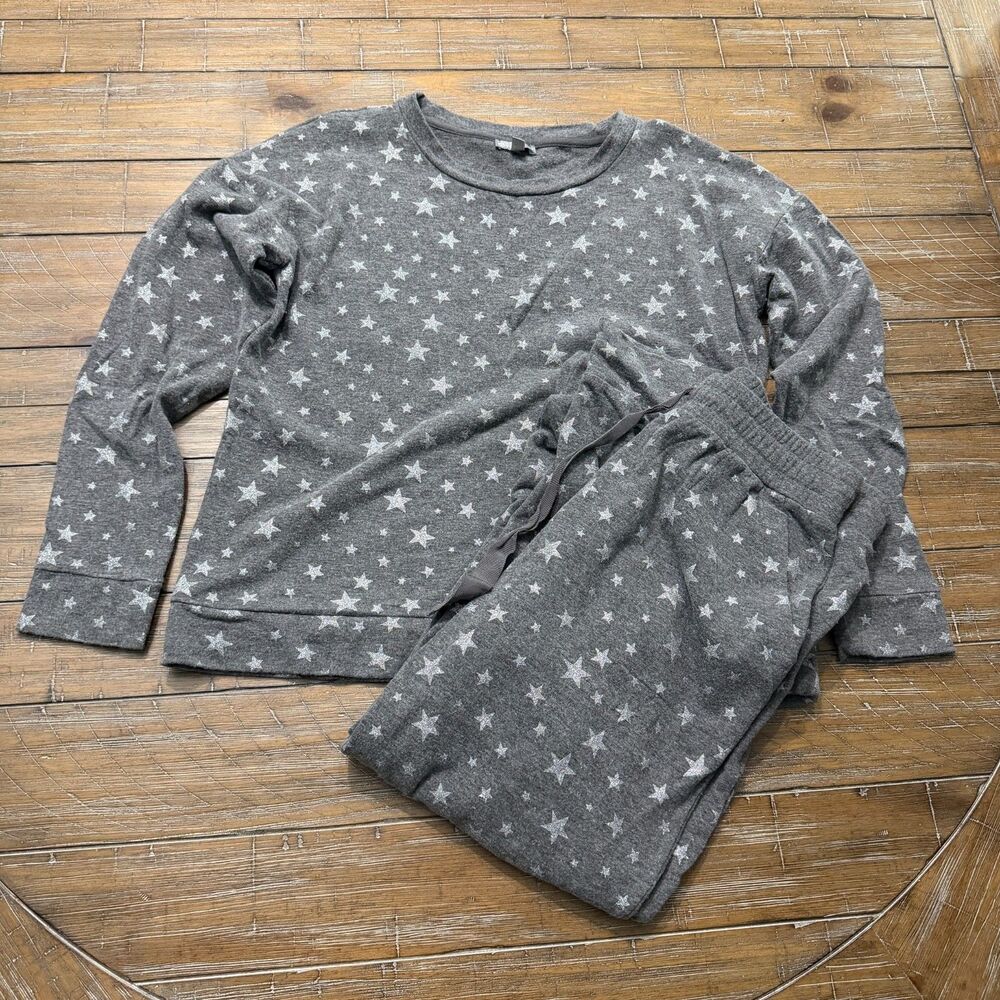 T by Talbots Petite Small Gray Metallic Star Pajama Set Soft Lounge Sleepwear SP